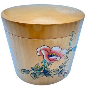 HNA Vtg Bamboo Tea Canister Caddy 3.5" Cylinder Hand-Painted Orchid Design China